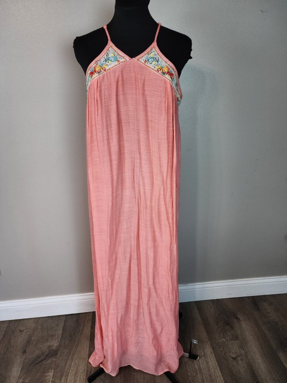 Flying Tomato Salmon Pink Embroidered Boho Maxi Dress Large Resort Beach Gauze